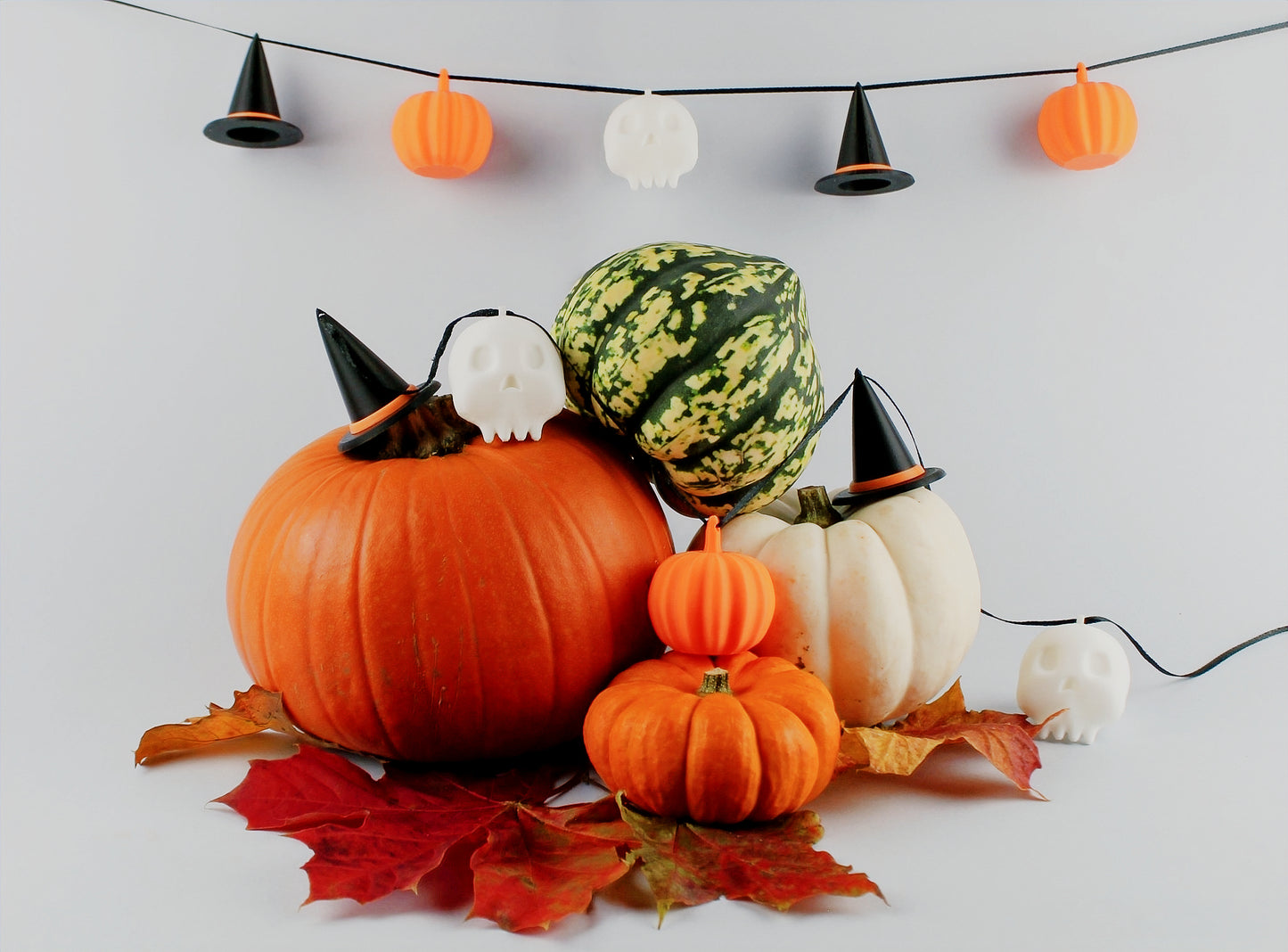 3D Printed Halloween String Garland- Pumpkins, Skulls, Witches' Hats