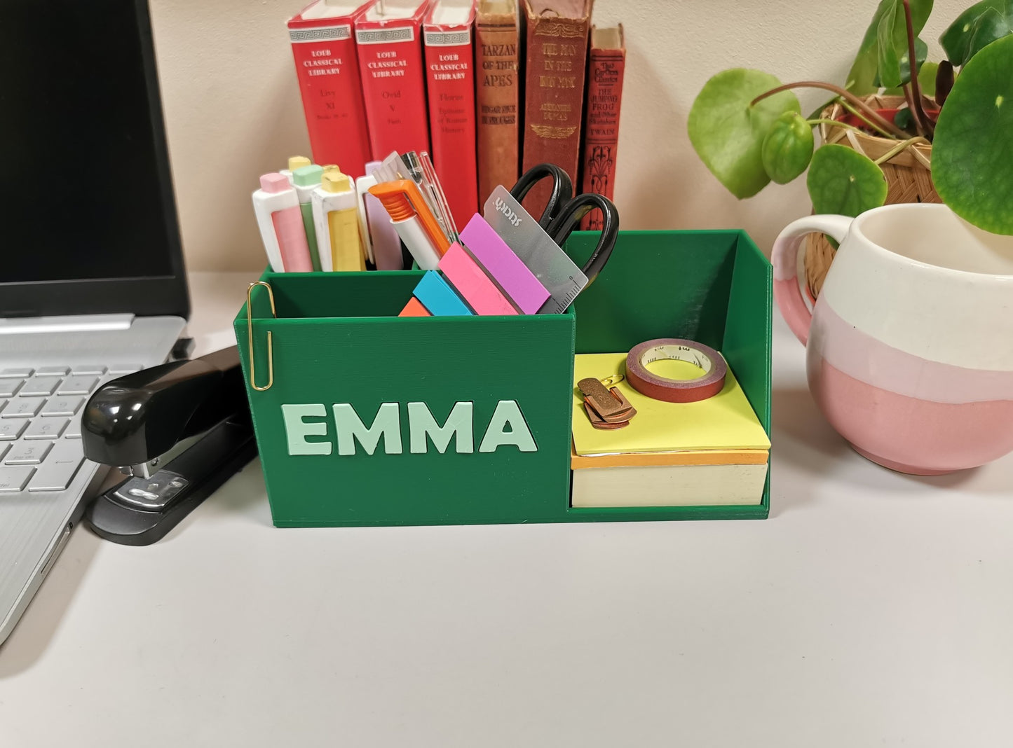 Personalised Desk Organiser with the name Emma, full of stationery on a desk