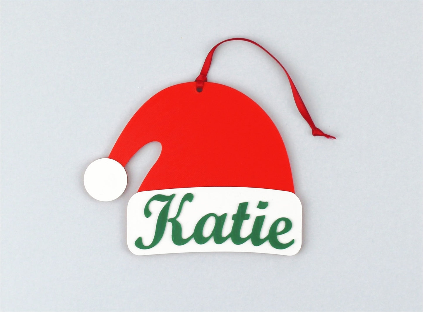 Personalised Santa Hat Ornament with a red ribbon - Katie