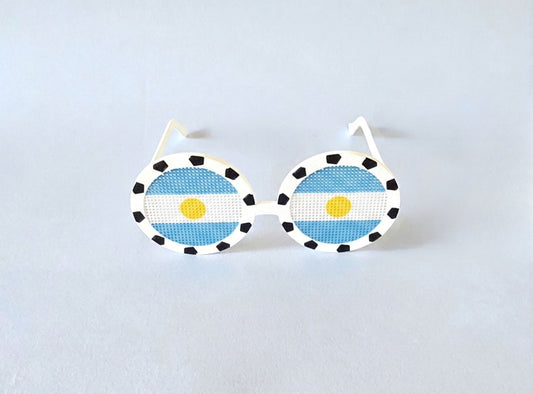 Sunglasses with the Argentine flag on a light gray background