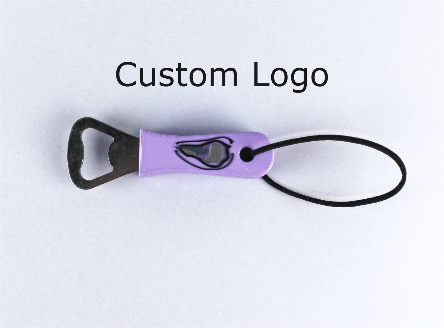 Pastel purple Personalised Bottle Opener with a custom logo and a black Leather Strap