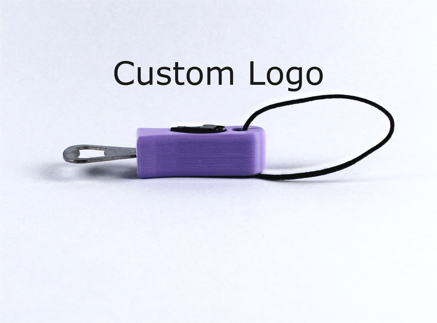 Side view of a pastel purple Personalised Bottle Opener with a custom logo and a black Leather Strap