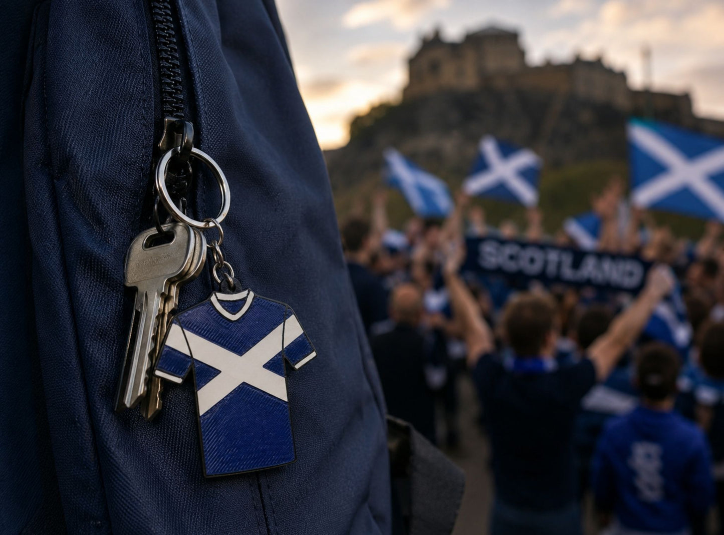 Keychain with Scottish flag design attached to a bag, with people waving Scottish flags in the background.