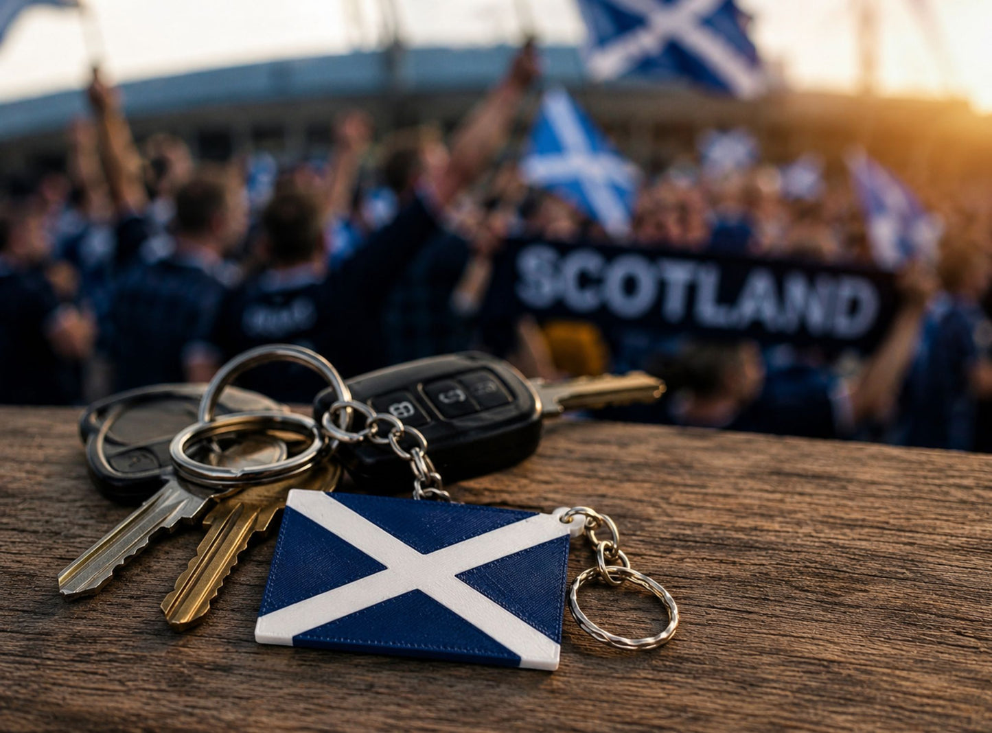 Keychain with Scottish flag design on a wooden surface with people in the background holding Scottish flags.