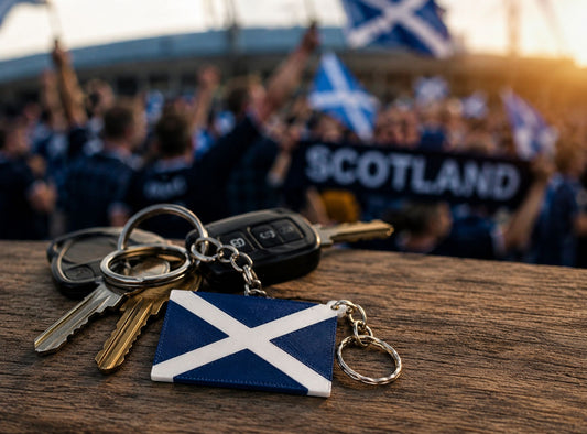 Keychain with Scottish flag design on a wooden surface with people in the background holding Scottish flags.