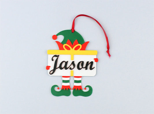 Personalised Elf Ornament with a red ribbon - Jason