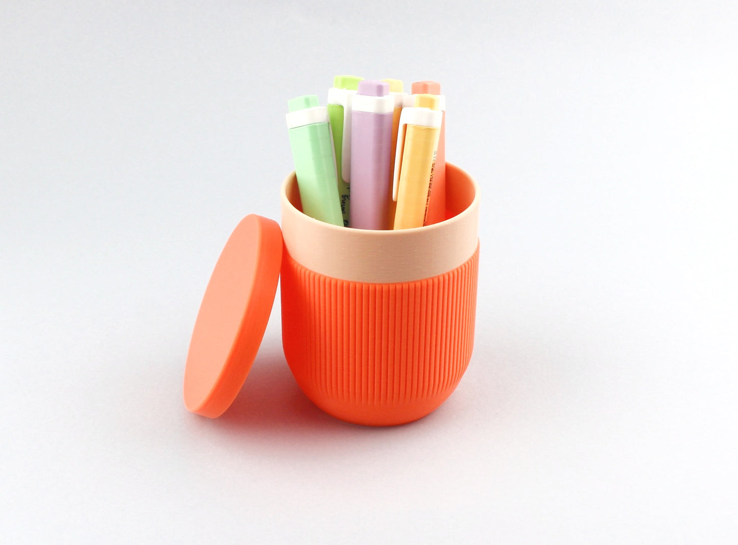 3D Printed Pen Holder full of pens and its lid