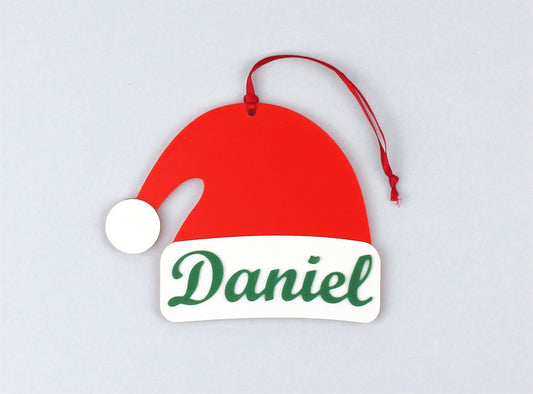 Personalised Santa Hat Ornament with a red ribbon - Daniel