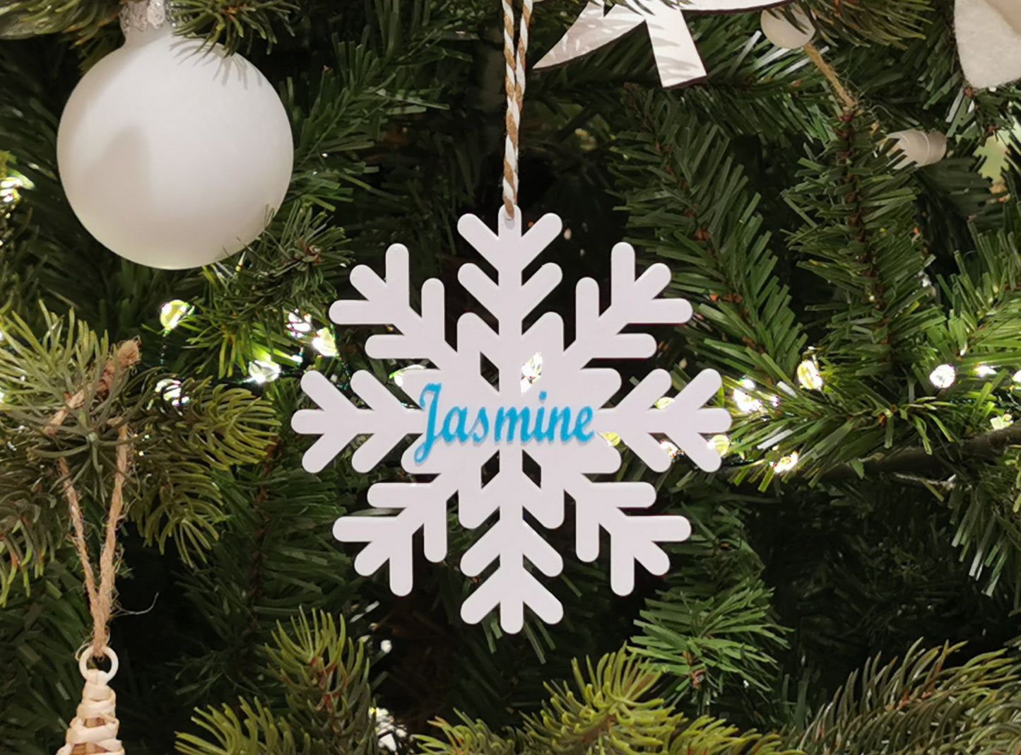 Personalised Snowflake Ornament on a Christmas tree