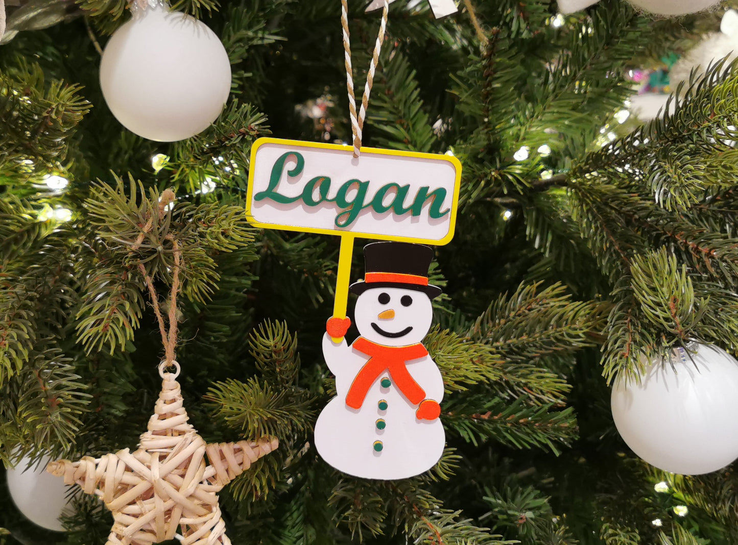 Personalised  Snowman Ornament On a Christmas Tree