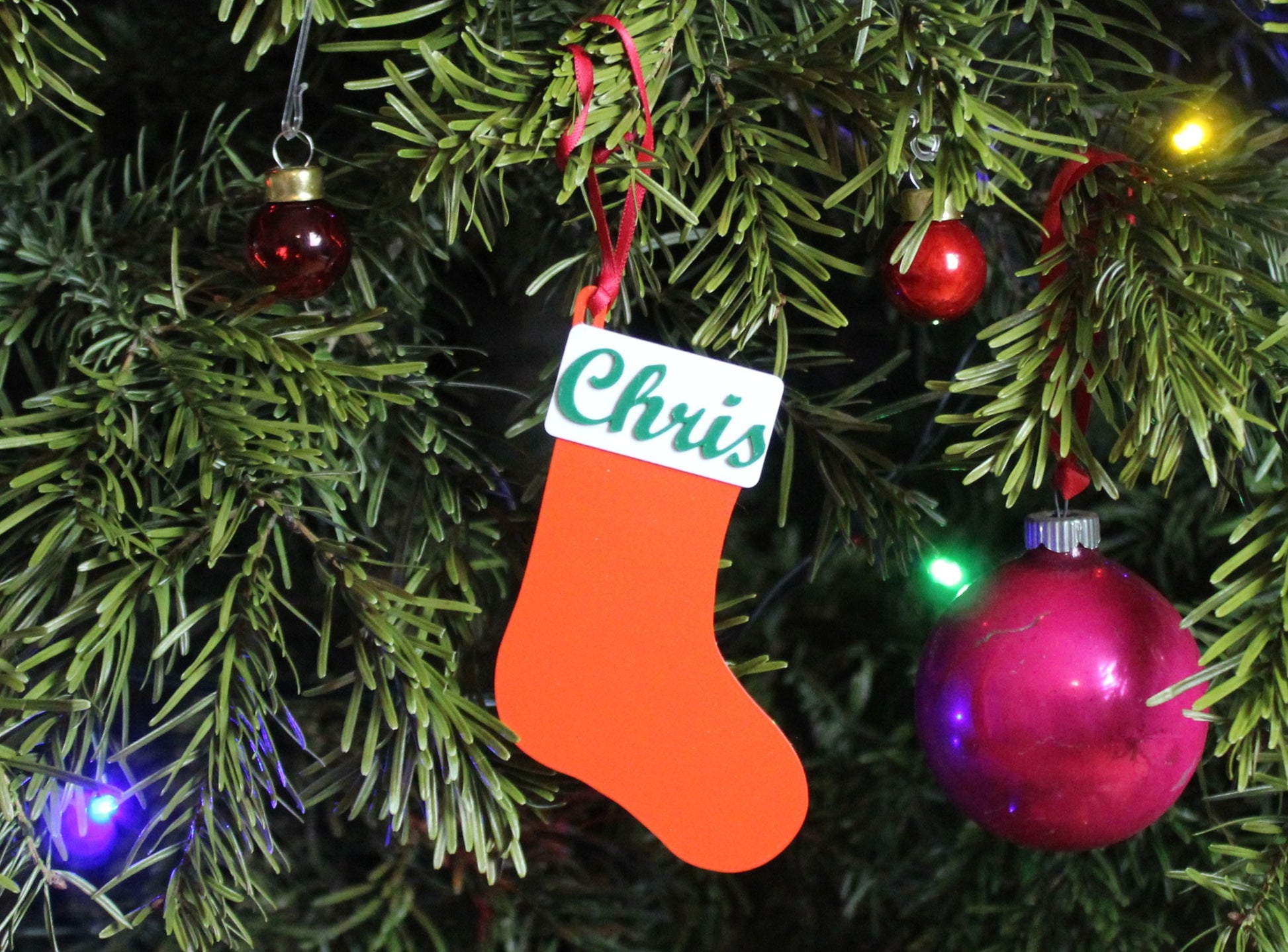 Personalised Stocking Ornament on a Christmas tree