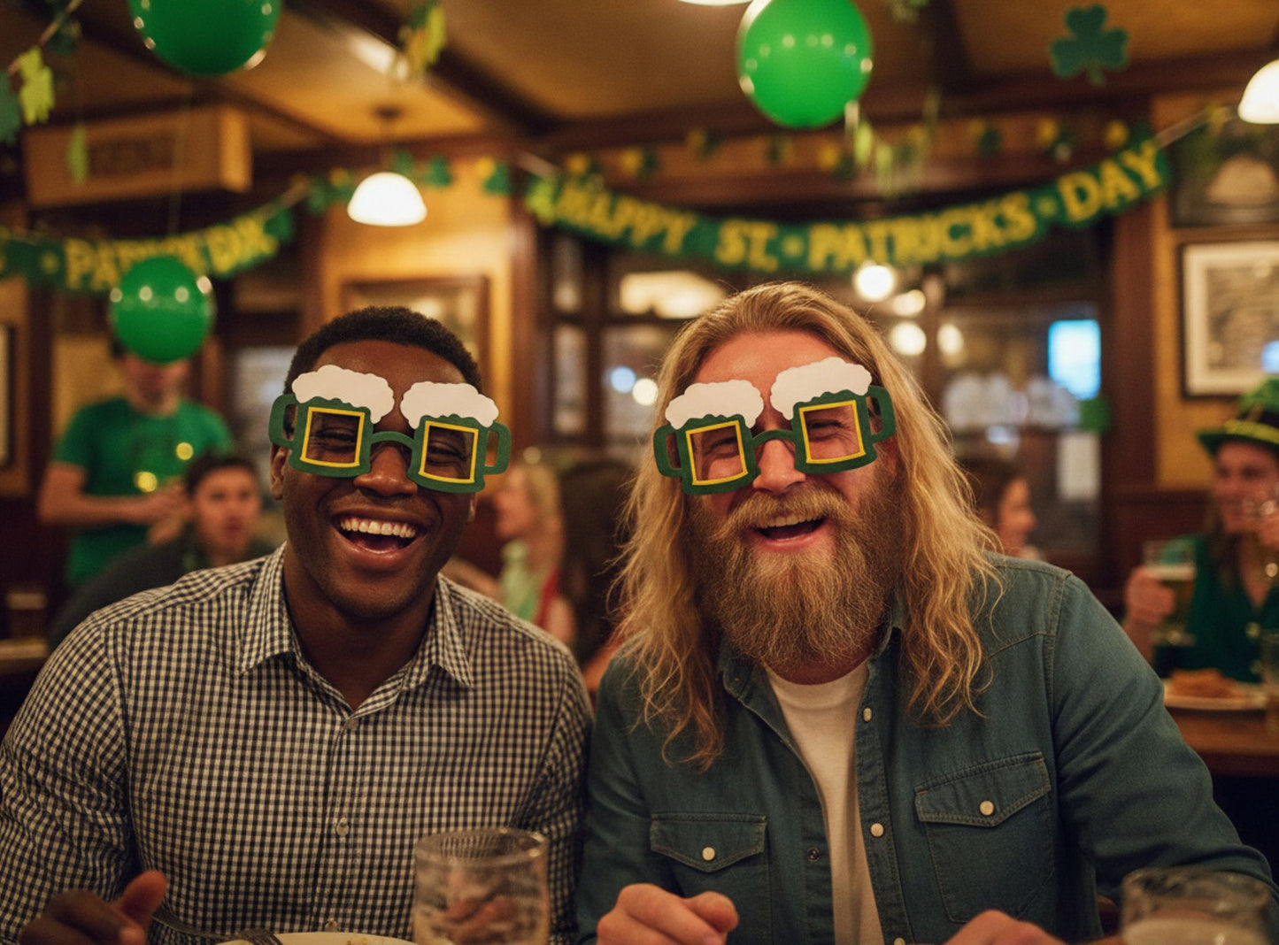 Green 3D-Printed St. Patrick's Day beer mug-shaped novelty glasses on the faces of two guys  in a pub