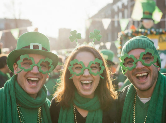 Three people wearing green hats and shamrock glasses at a St. Patrick's Day celebration.