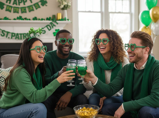Green heart-shaped glasses on a the faces of four people celebrating St. Patrick's Day