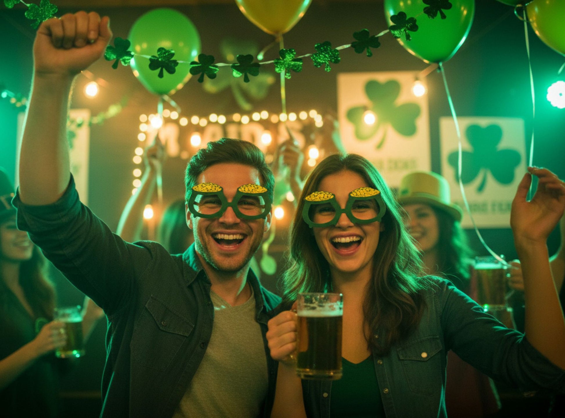 3D Printed St. Patrick's Day Pot Of Gold Glasses On the faces of a man and a woman at a St. Patrick's Day party