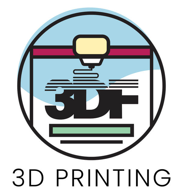 LOGO. Illustration of a 3D printer, which prints the text 3DF