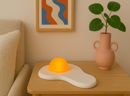 Fried Egg Shaped Lamp and terracotta vase with plant  on a small wooded table, on a beige wall background