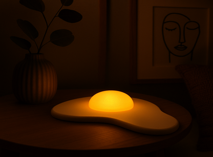 Glowing 3D Printed Fried Egg Shaped Lamp on a dark surface with a vase and abstract art in the background