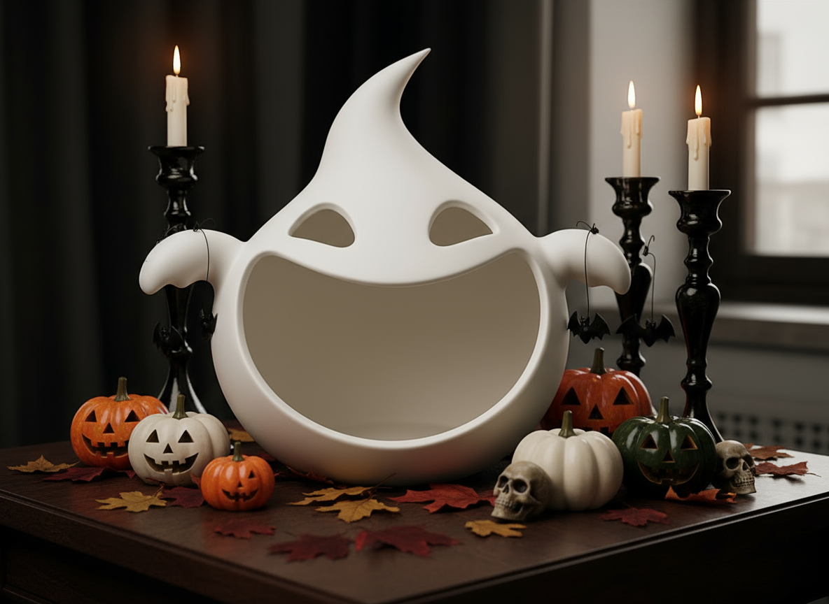 White ghost-shaped candy bowl on a dark wooden table, next to Halloween-style decorations