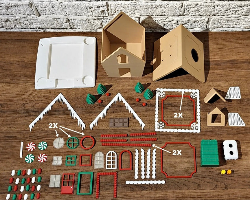 Assorted building blocks and components on a wooden surface with a stone wall background