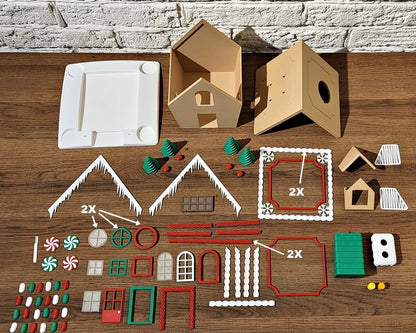 Assorted building blocks and components on a wooden surface with a stone wall background