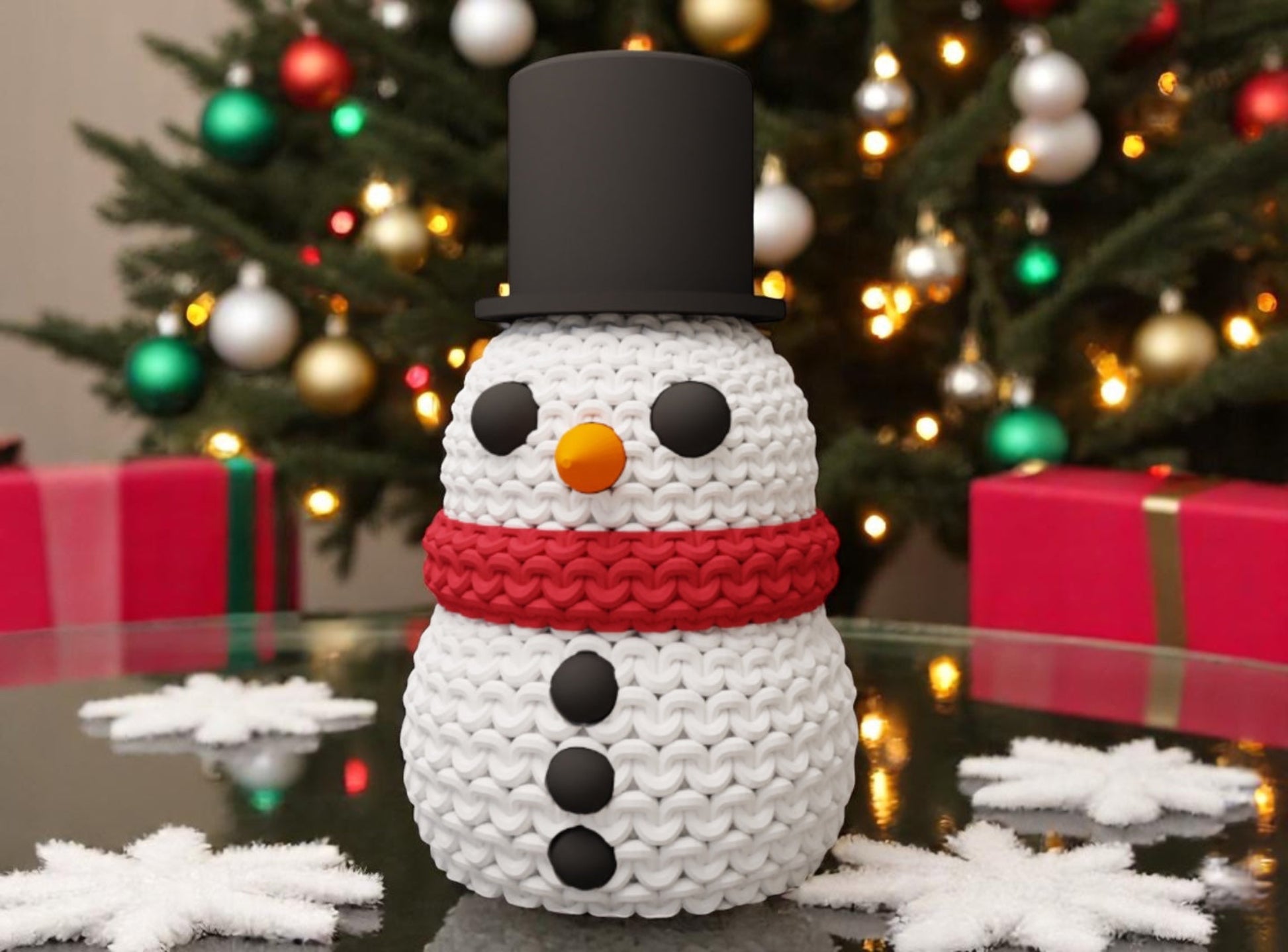 Knitted Effect Snowman Decoration with a black top hat and red scarf in front of a Christmas tree.