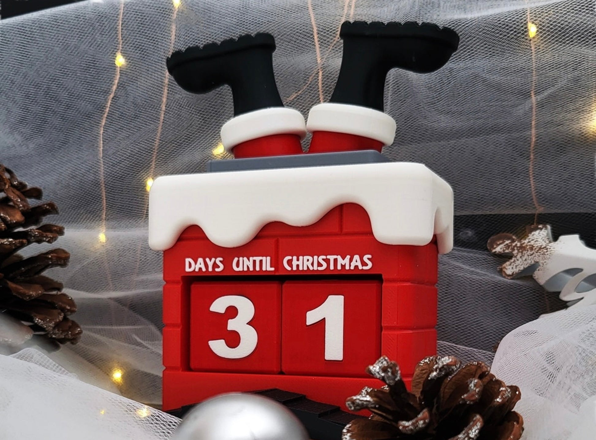 Santa in a chimney Christmas countdown calendar on a decorative background