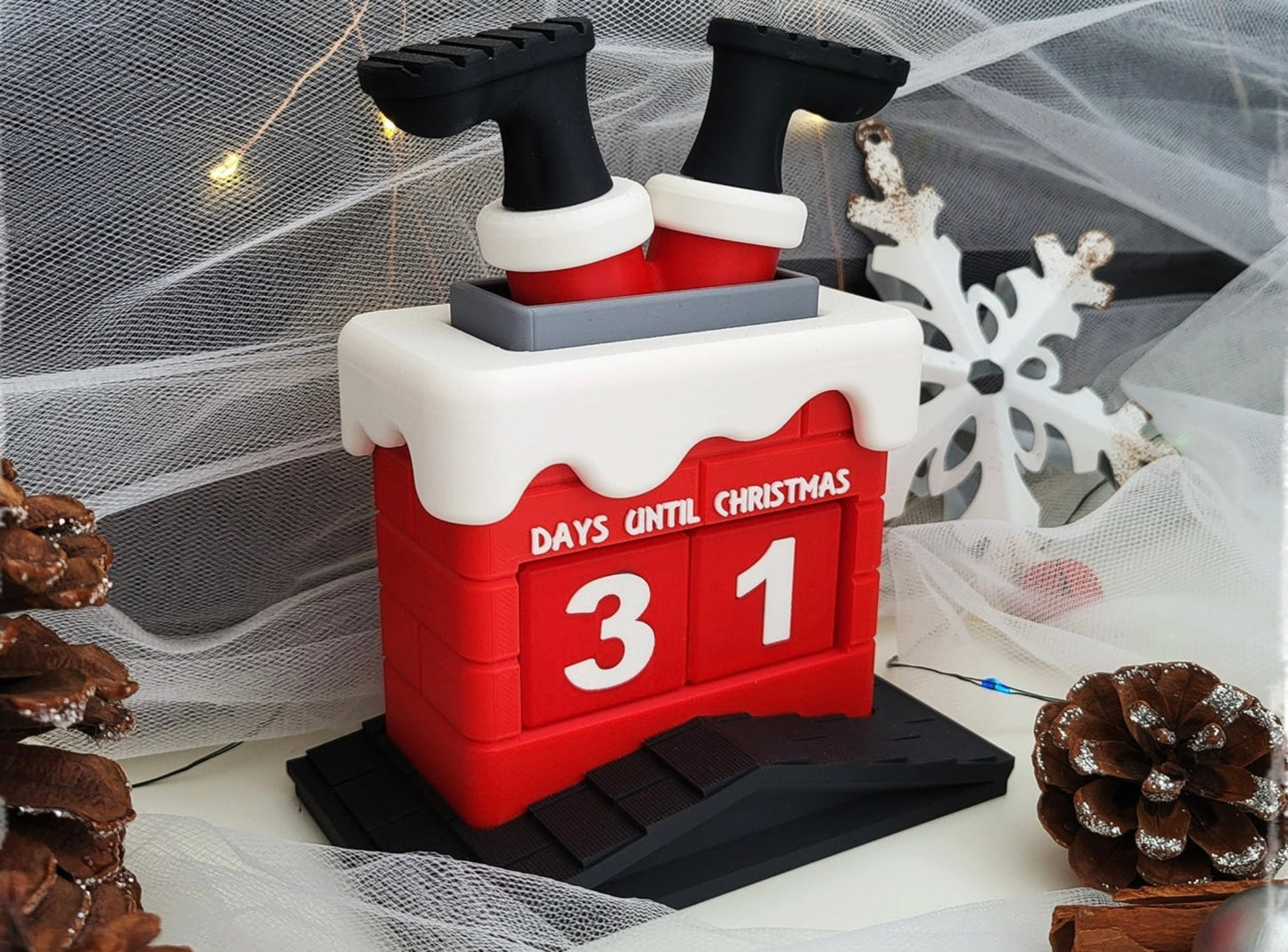 Santa in a chimney Christmas countdown calendar on a decorative background