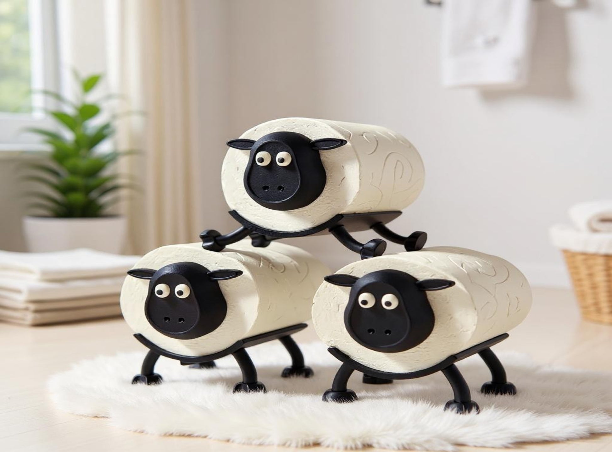 Three Sheep Toilet Roll Holders stacked on a white surface with a blurred indoor background