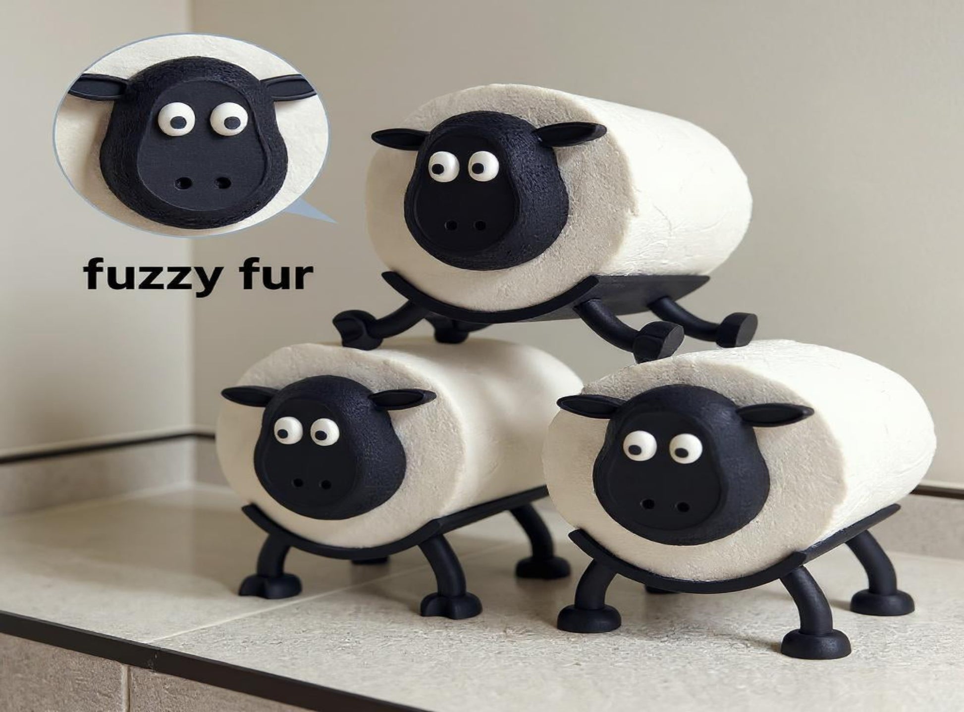 Three Sheep Toilet Roll Holders on a neutral background