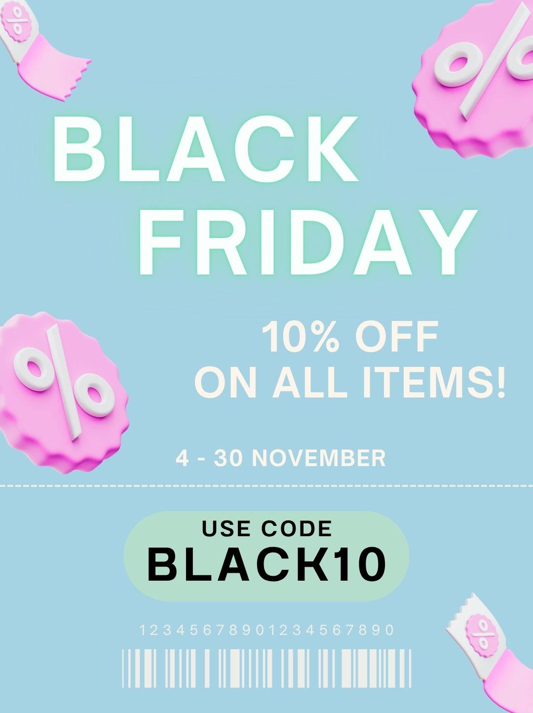 Black Friday sale banner with pink '%', 10% off text, and a use code on a light blue background.