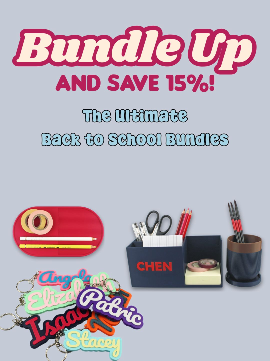 Promotional image for back-to-school bundles with stationery items and name tags on a light blue background.