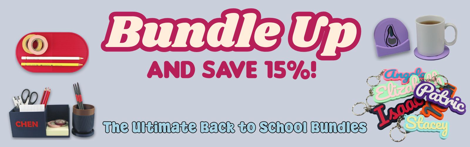 Promotional banner for back-to-school bundles with various stationery items and a discount offer.