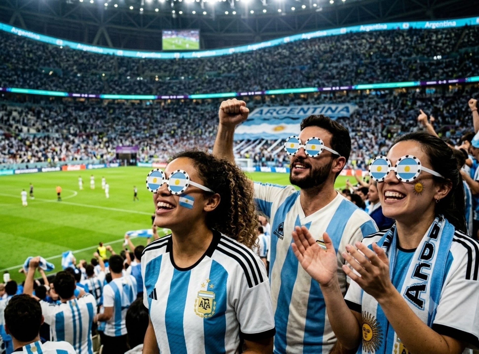 People in Argentina-themed clothing at a sports event, likely a soccer match, with stadium in the background.