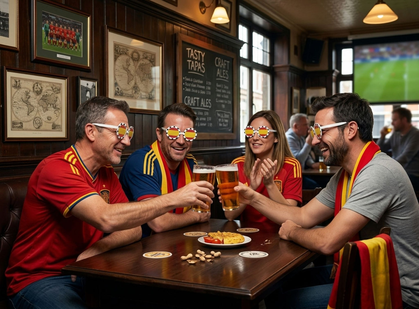 People in a pub wearing  Spain-themed clothing and glasses, enjoying drinks and food.