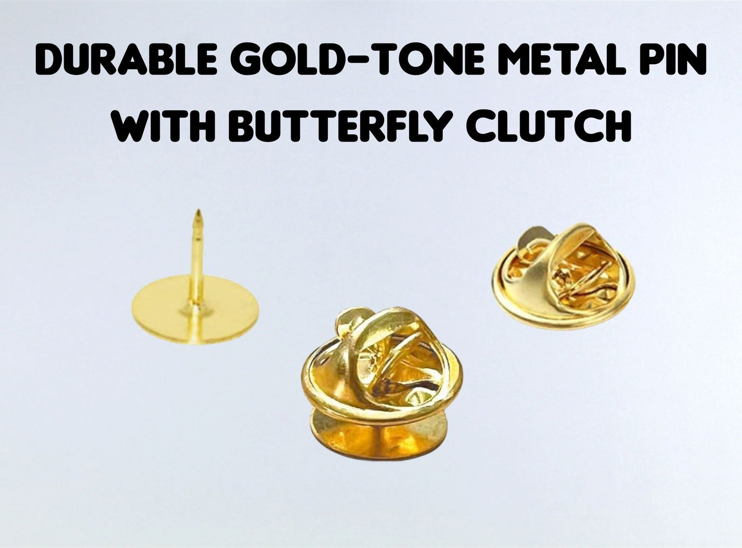 Gold-tone metal pin with butterfly clutch on a light gray background