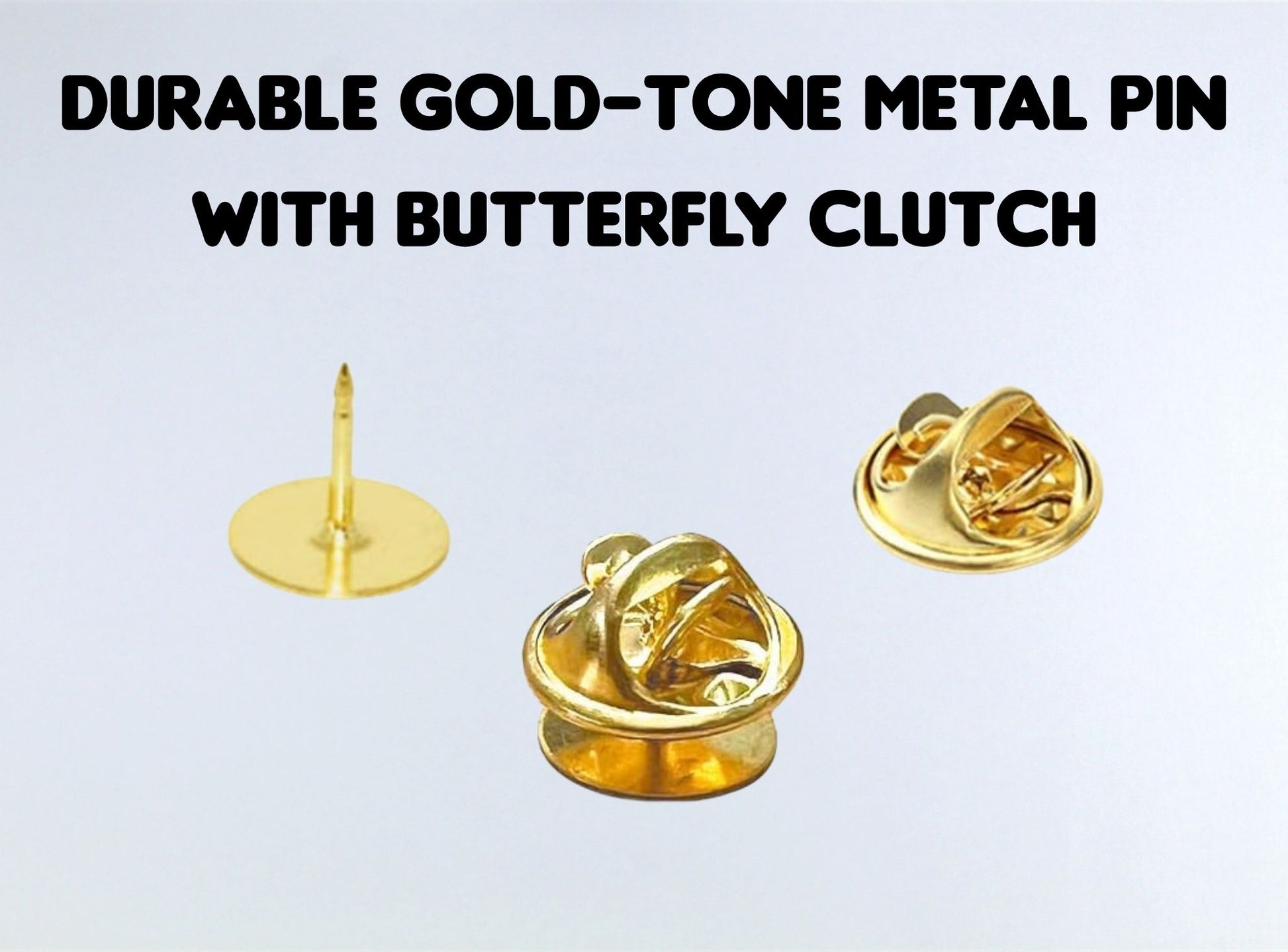 Gold-tone metal pin with butterfly clutch on a light gray background