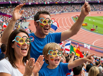 Family with Olympic-themed glasses at a sports event