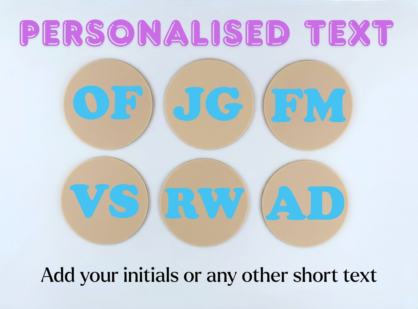 Six 3D Printed Coasters with blue text on a light background, featuring personalised text
