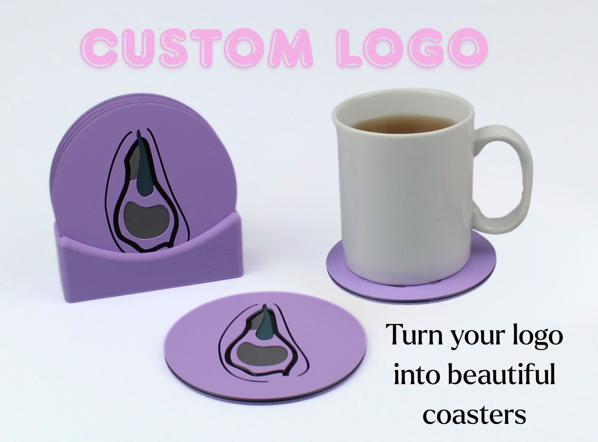 Purple coasters with a logo and a mug on a white background