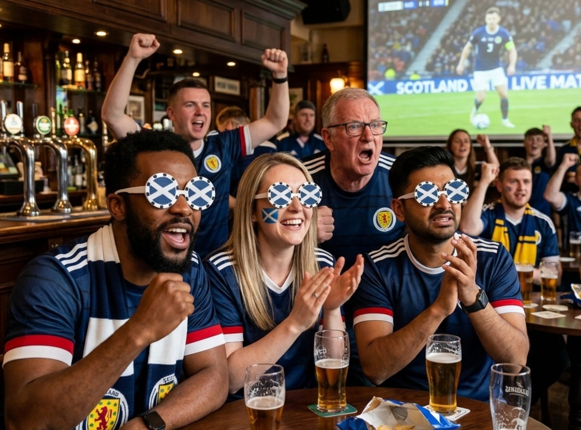 Group of people wearing Scotland-themed clothing and glasses, cheering in a pub with a sports event on TV.