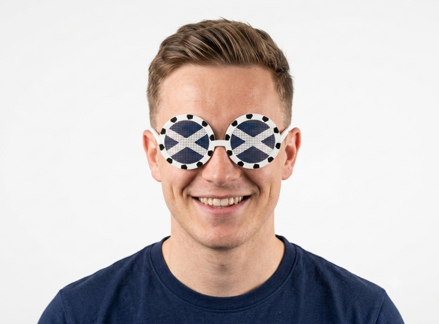 Person wearing sunglasses with the flag of scotland on a plain background