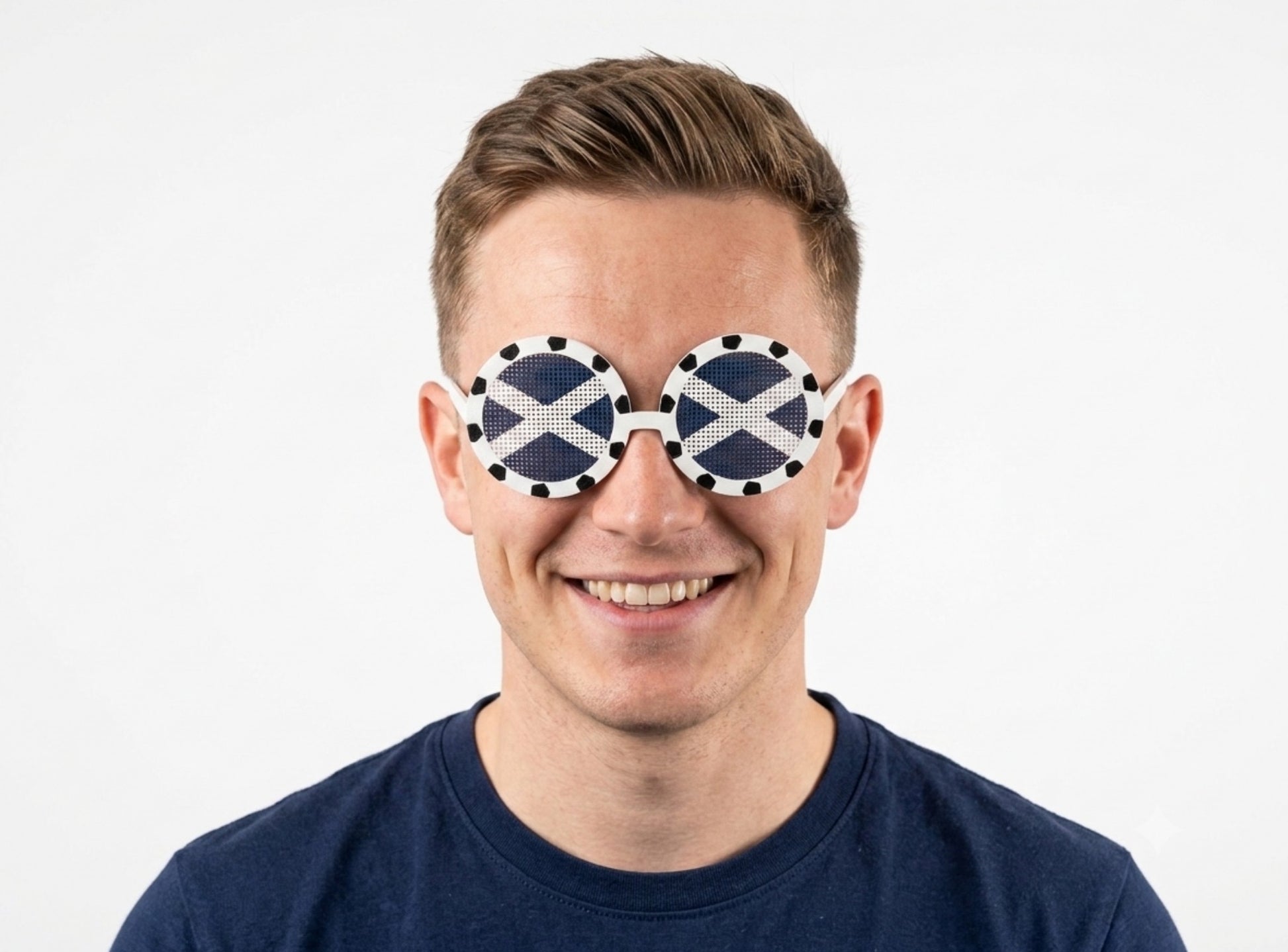 Person wearing sunglasses with the flag of scotland on a plain background