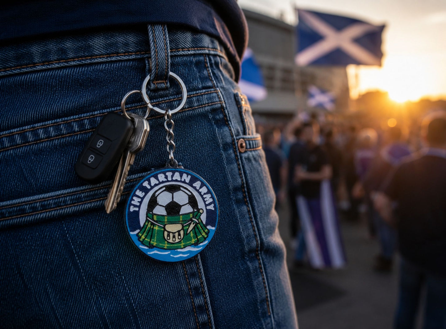 Person wearing a keychain with a 'The Tartan Army' logo on a denim jacket, with a crowd and flags in the background.