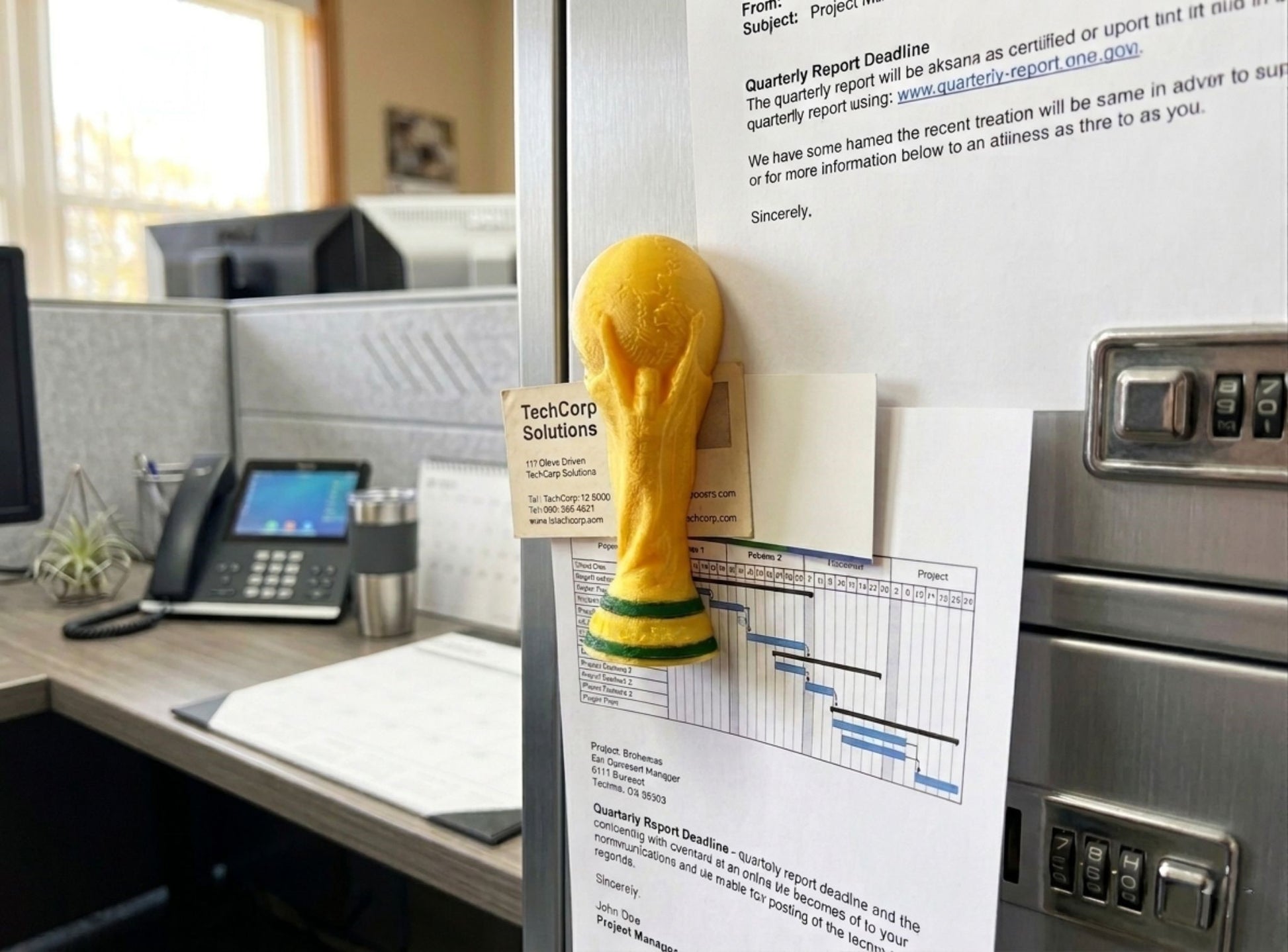 World Cup Trophy-shaped magnet on a desk with office equipment and documents in the background